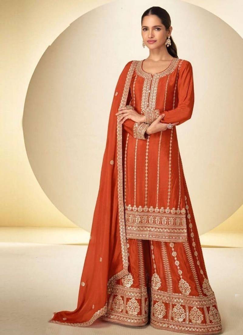 Orange heavy chinon embroidered palazzo suit set