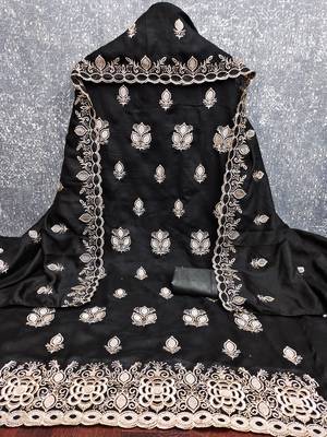 black embroidered vichitra silk unstitched dress material  3