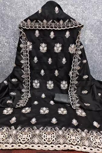 black embroidered vichitra silk unstitched dress material 