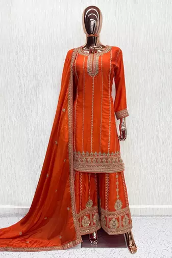 Orange heavy chinon embroidered palazzo suit set