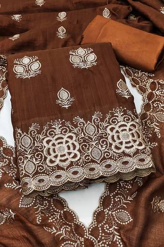 brown embroidered vichitra silk unstitched dress material 