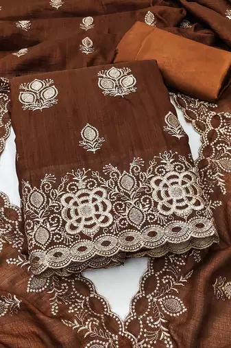 brown embroidered vichitra silk unstitched dress material 