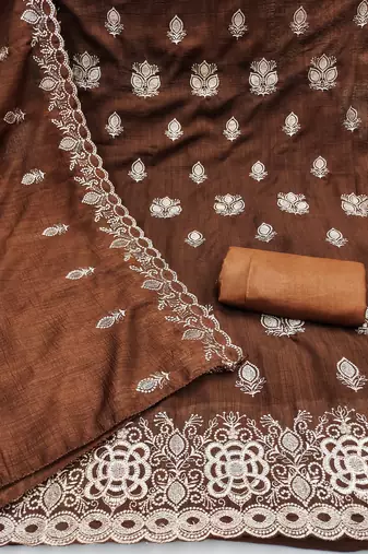 brown embroidered vichitra silk unstitched dress material 