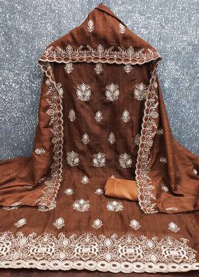 brown embroidered vichitra silk unstitched dress material  3