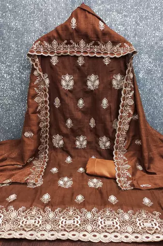 brown embroidered vichitra silk unstitched dress material 
