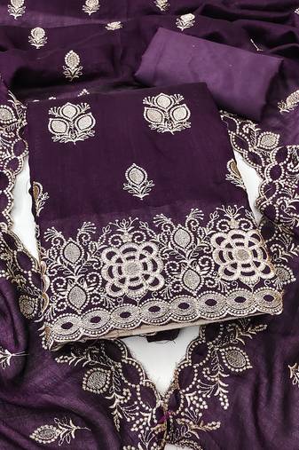 purple embroidered vichitra silk unstitched dress material 