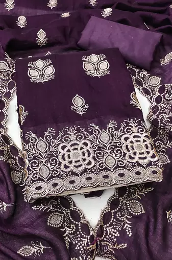 purple embroidered vichitra silk unstitched dress material 