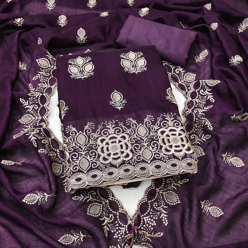 purple embroidered vichitra silk unstitched dress material 