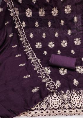 purple embroidered vichitra silk unstitched dress material  2