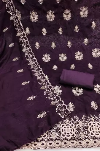 purple embroidered vichitra silk unstitched dress material 