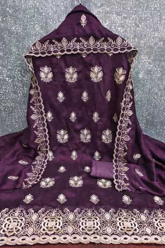 purple embroidered vichitra silk unstitched dress material 