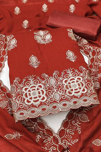 rust embroidered vichitra silk unstitched dress material 