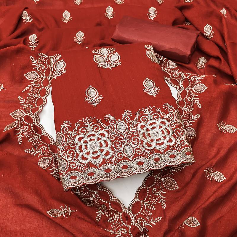 rust embroidered vichitra silk unstitched dress material 