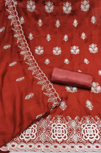 rust embroidered vichitra silk unstitched dress material 