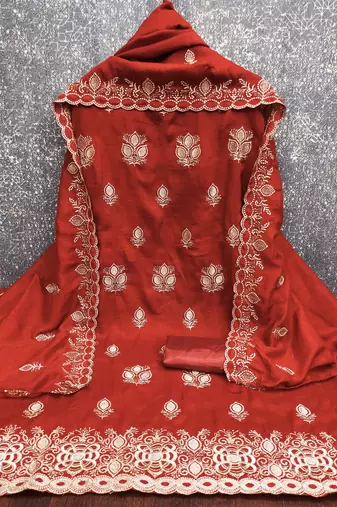 rust embroidered vichitra silk unstitched dress material 