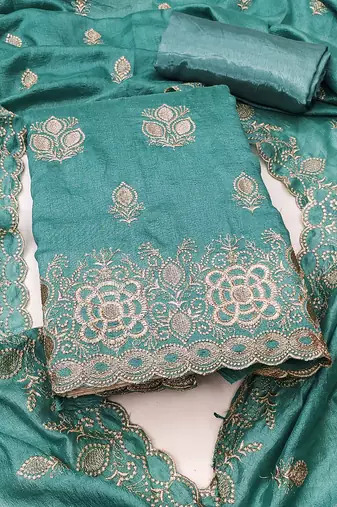 sea green embroidered vichitra silk unstitched dress material 