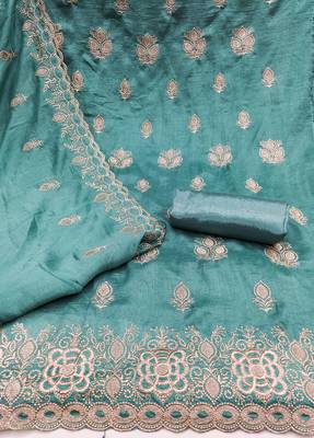 sea green embroidered vichitra silk unstitched dress material  2