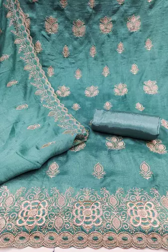 sea green embroidered vichitra silk unstitched dress material 