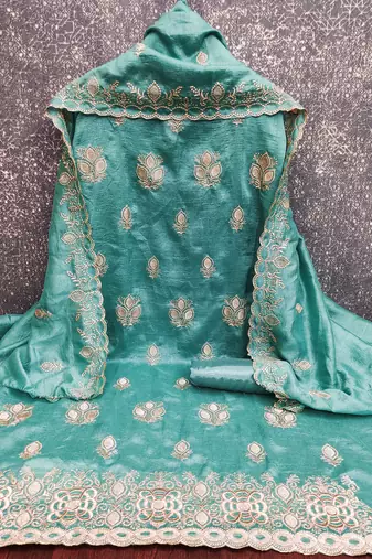 sea green embroidered vichitra silk unstitched dress material 