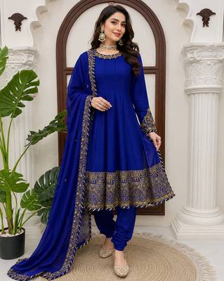 Royal blue premium chinon anarkali suit set 1