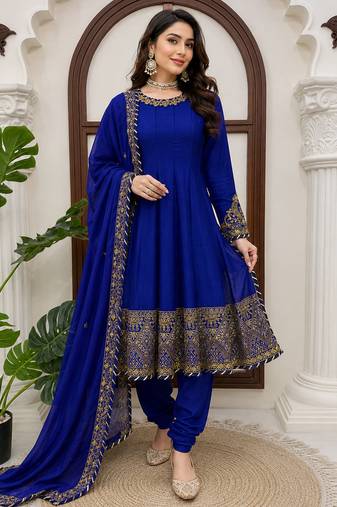 Royal blue premium chinon anarkali suit set