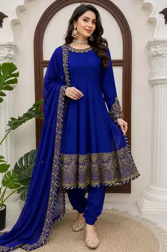 Royal blue premium chinon anarkali suit set