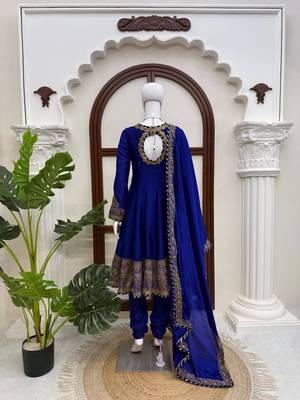 Royal blue premium chinon anarkali suit set 3
