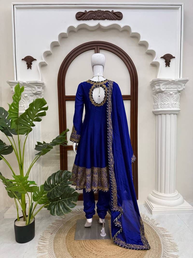 Royal blue premium chinon anarkali suit set