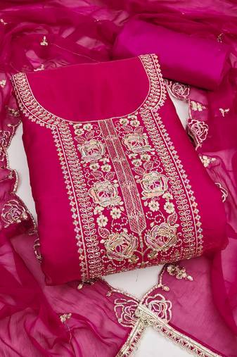 pink embroidered viscose satin unstitched dress material 