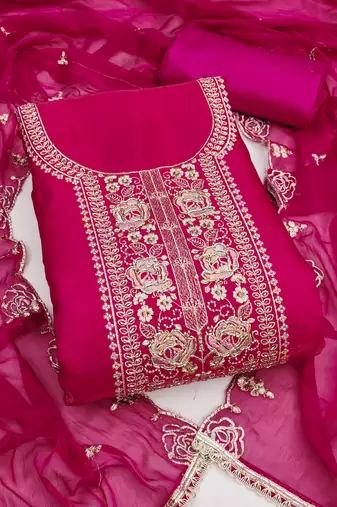 pink embroidered viscose satin unstitched dress material 