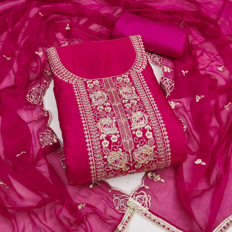 pink embroidered viscose satin unstitched dress material 