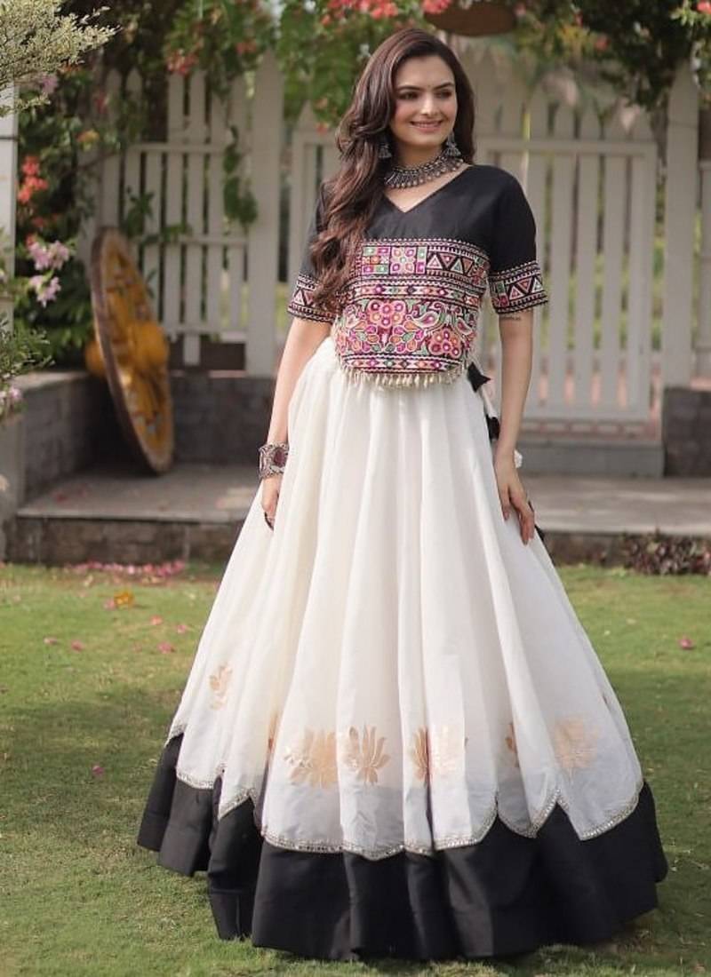 Black & White Gamthi Embroidered Foil Print Rayon Flared Lehenga Choli Set