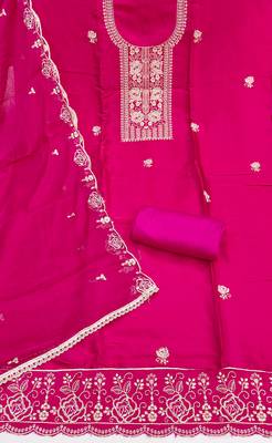 pink embroidered viscose satin unstitched dress material  2