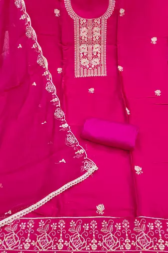 pink embroidered viscose satin unstitched dress material 