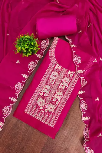 pink embroidered viscose satin unstitched dress material 