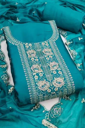 sea green embroidered viscose satin unstitched dress material 