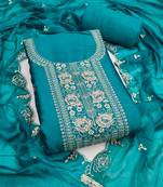 sea green embroidered viscose satin unstitched dress material 