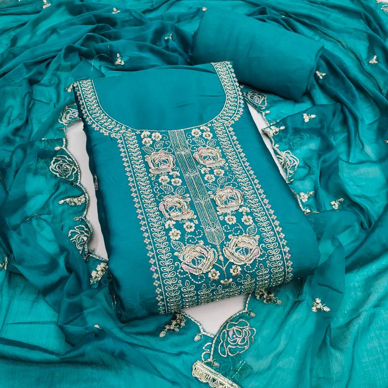 sea green embroidered viscose satin unstitched dress material 