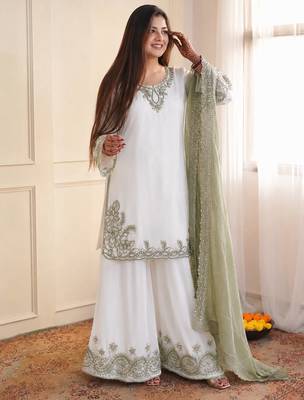 Sage green pure maska cotton embroidered palazzo suit set 1