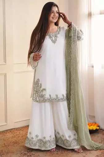 Sage green pure maska cotton embroidered palazzo suit set