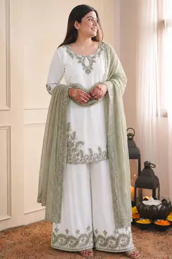 Sage green pure maska cotton embroidered palazzo suit set