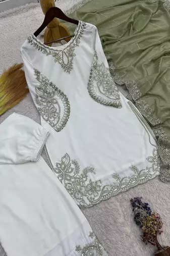 Sage green pure maska cotton embroidered palazzo suit set