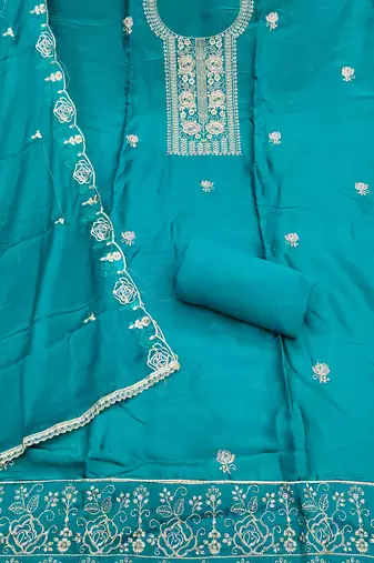 sea green embroidered viscose satin unstitched dress material 