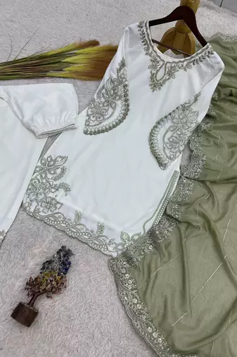 Sage green pure maska cotton embroidered palazzo suit set