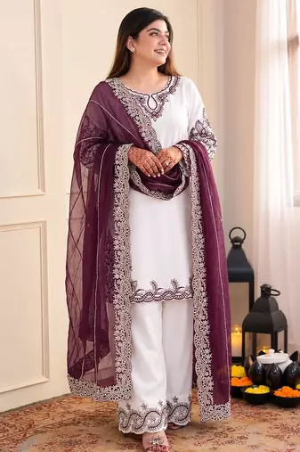 Plum pure maska cotton embroidered palazzo suit set
