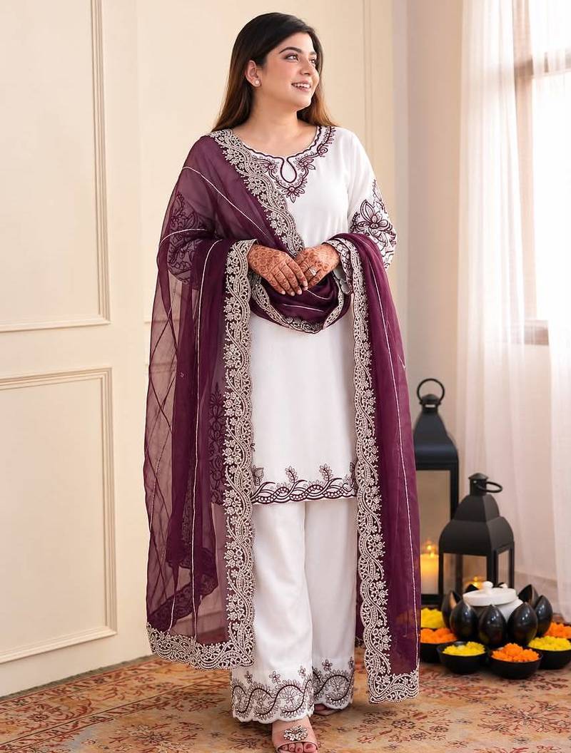 Plum pure maska cotton embroidered palazzo suit set
