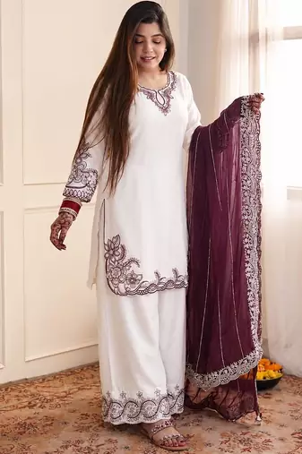 Plum pure maska cotton embroidered palazzo suit set