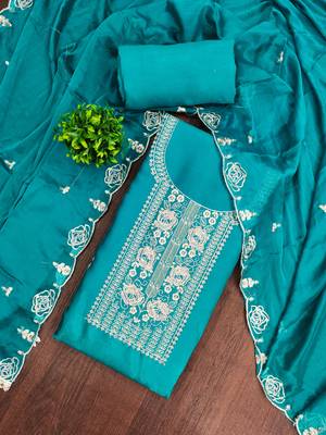 sea green embroidered viscose satin unstitched dress material  4