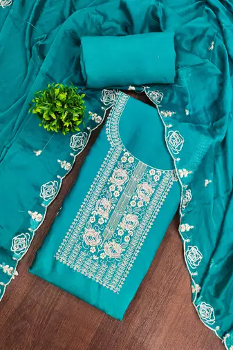 sea green embroidered viscose satin unstitched dress material 
