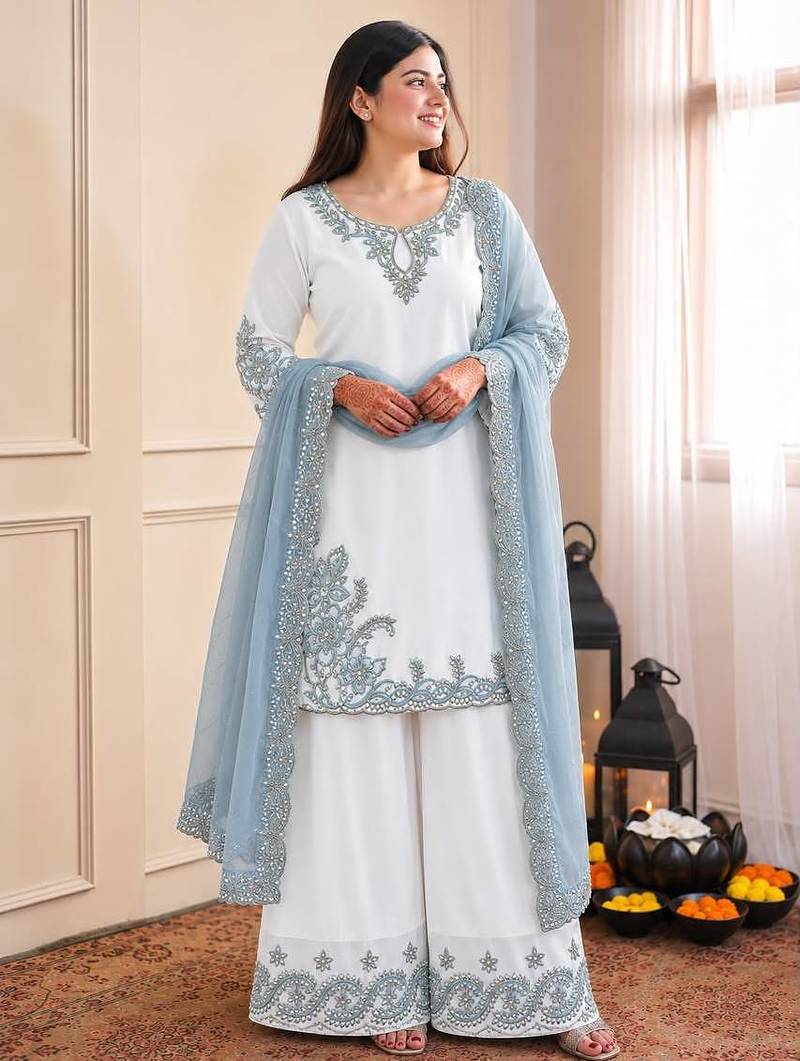 Blue pure maska cotton embroidered palazzo suit set